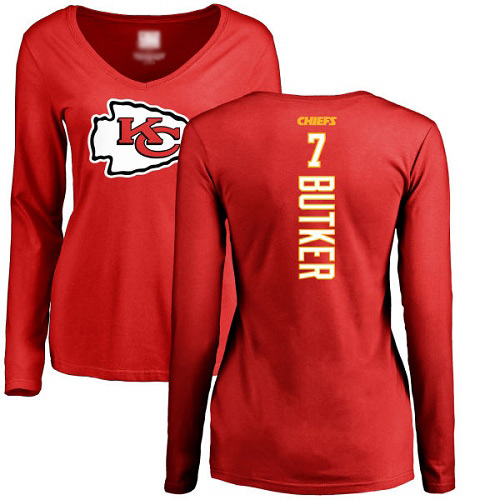 Women Football Kansas City Chiefs #7 Butker Harrison Red Backer Slim Fit Long Sleeve T-Shirt